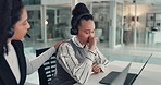 Business women, call center and company support with stress for comfort, help or assistance. Female people, consultant or sad agent with concern colleague for mistake, depression or anxiety in office
