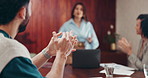 Man, applause and meeting in boardroom at startup, celebration or excited for revenue announcement. Business people, success and clapping hands for speaker, presentation and goals at media agency