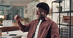 Excited, fist pump and success with black man in office with achievement, deal and laptop. Bonus, target and winner with employee in workplace for celebration for milestone, goals or promotion
