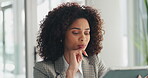 Business, thinking or woman in office with tablet, financial mistake or report for stock exchange. Market analysis, budget crisis or African broker in workplace with tech, review or trade for problem