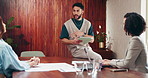 Business, presentation and man in meeting, tablet and conversation with creative agency. Employees, presenter and people with discussion, sales team and internet with feedback and review project