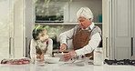Baking, bowl and grandmother with child in kitchen to prepare dessert, cookies and cake together. Family home, ingredients and grandma with girl for teaching, bonding and learning recipe in window