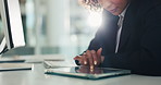 Hands, laptop and scroll for review at office with research, notes and online consulting at legal agency. Person, attorney and tech with application, feedback and notification at corporate law firm
