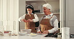 Baking, grandmother and grandchild with egg in kitchen for cake recipe, clapping or development. Family, senior woman and girl with ingredients in home for dessert snack, teaching or learning support