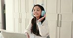 Girl child, headphones and wave with elearning at house for oral presentation, language or online assessment. Kid, tablet and hello with virtual class for education, video call or talk at home school