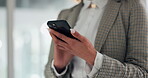 Hands, phone and scrolling with business woman in office for communication, download or update. App, mobile and social media with corporate employee in professional workplace for internet search