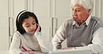 Homework, help or grandmother with girl, conversation or writing with education. Apartment, senior woman or granddaughter with knowledge, tablet or learning with child development or family with care
