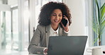 Excited, employee and woman with laptop, phone call or discussion with contact for financial advice. Corporate, wealth manager and consultation for investment opportunity, happy and tech in business