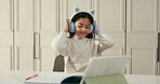 Streaming, dance or happy child with headphones, listening or audio playlist for study break. Smile, streaming music or girl with wireless technology in home, homework pause or moving to rhythm