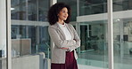 Crossed arms, planning and businesswoman in office by window for finance ideas, decision or choice. Pride, thinking and female financial manager with memory for career development  in workplace.