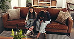 Happy, sofa and mom with child and cat in home for bonding, relationship and companion. Family, tablet and above of mother, girl and animal in living room for love, rest and relax together on weekend
