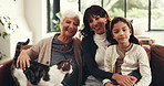 Face, family and child with cat at house to visit grandmother, bonding and childhood pet. Portrait, mother and senior woman with girl, stroke animal and playing with rescue companion for connection