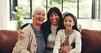 Face, grandmother and mama with girl, funny and bonding together with happiness in living room. Home, generations and family on sofa, laughing and love with humor, smile and parent with joke or relax