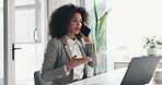 Online, employee and woman with laptop, phone call or conversation with contact for financial advice. Corporate, wealth manager and consultation for investment opportunity, talk and tech in business
