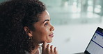 Smile, thinking and business woman with insight, problem solving or investment decision in office. Planning, vision and happy African consultant with profile, reflection and financial solution
