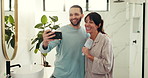 Selfie, smile and couple in bathroom, wellness and bonding together with memory, hygiene and morning. Home, happy people and man with woman, cleaning and profile picture with health and humor