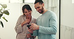 Morning, smartphone and couple in bathroom, smile and bonding together with social media. Home, cellphone and happy man with woman, connection or conversation with funny meme, internet or digital app