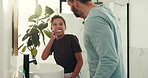 Happy, child and brushing teeth with father in bathroom for fresh breath, oral hygiene and bonding. Family, girl and mirror for dental health, cleaning mouth and self care for remove plaque at house