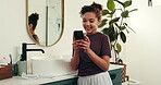 Typing, social media and girl in bathroom with phone, reaction or response to video. Happy, virtual communication and child in home with mobile, online scroll and engagement in digital trend.