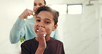Face, child and brushing teeth with father in bathroom for fresh breath, oral hygiene and bonding. Portrait, girl and man  for dental health, cleaning mouth and self care for remove plaque at house