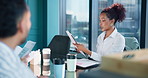 Business, meeting and woman with discussion, paperwork and feedback for budget report. Employees, financial agency and conversation with investment deal, documents and planning for profit increase