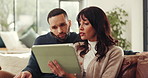 Conversation, planning and tablet with couple on sofa in living room of home for online booking. App, search and talking with people in apartment together, reading hospitality review on social media