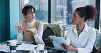 Business, women and talking in meeting with staff for planning, manager feedback and finance pitch. People, explain and discussion with team, financial briefing and procedure for investment proposal