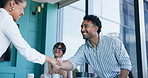 Man, handshake and woman with smile at meeting for hiring, success and deal with partner at office. Business people, shaking hands and team with support, b2b collaboration or agreement in boardroom