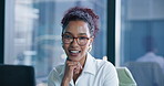 Laugh, glasses and portrait of business woman in office for confidence, lawyer and professional attorney. Funny, Corporate litigator and pride with person in law firm for career, about us and justice