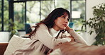 Thinking, relax and woman on sofa in home with memory, reflection or ideas for weekend morning. Planning, daydreaming and female person in living room with decision, choice or calm in apartment.