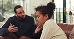 Child, dad and argument with conflict for discipline, behaviour or punishment on sofa in home. Father, kid and parent scolding daughter with bad attitude for unfair dispute, naughty or fight in house