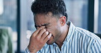 Business, stress and man with headache in office for workload pressure, finance mistake or burnout. Accountant, employee and tension migraine at firm for deadline challenge, financial error and worry