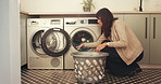 Woman, washing machine and laundry in house with clothes for cleaning, housekeeping or chores. Female person, fabric hygiene and appliance with routine in home with basket, fresh linen and loading