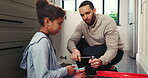 Plumbing, learning and toolbox with father and daughter in kitchen for bonding, support and sink repair. Handyman, pipe maintenance and teaching with man and girl in family house for fixing together