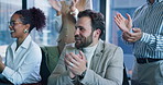 Man, celebration and applause at meeting with team, goals and congratulations with praise at office. Business people, smile and group for achievement, success or excited for announcement in boardroom