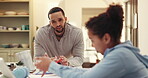 Education, help or man and child in home, project discussion or homework assistance for elearning. Study tips, school work support or father with daughter in kitchen together, teaching for assignment