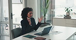 Headset, laptop and video call with business woman at desk in office for discussion or planning. Computer, conversation and virtual meeting with African employee at work to explain company vision