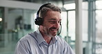 Smile, call center and mature man talk to customer for banking, loan guidance or transaction help. Consulting, contact us and agent chat in office for financial advice, account assistance and support