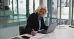 Woman, writing and documents with laptop at office, typing and administration at investment company. Mature person, broker and financial advisor with computer, paperwork and review contract at agency
