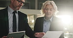 Business partner, tablet or meeting with file at night for case strategy, trial deadline and flare. Attorney, late and mature people with report for evidence review, lawsuit action plan and teamwork