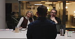 Business, people and planning with discussion, night and brainstorming for story ideas. Journalist, group and employees with conversation, notes and deadline for breaking news coverage and feedback