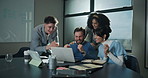 Applause, high five and business people with success on laptop for good news, budget approval and profit. Company growth, team and workers on computer for investment increase, bonus or celebrate deal