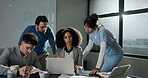 Discussion, planning and laptop with business people in office for breaking news, research and article review. Press release, journalist collaboration and teamwork with employees in media agency