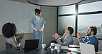 Boardroom, group and applause for woman, celebration or happy for financial success or presentation. Clapping, team and people with CEO, meeting and smile with colleagues and achievement in office