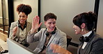 High five, happy and business people in office with good news, sale or job promotion celebration. Smile, friends and team of customer service consultants with manager for goal together in workplace.