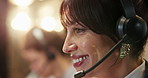 Happy woman, agent or night with headset for customer service or online advice in call center. Female person, consultant or talking with smile for virtual assistance or telemarketing in workplace