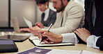 Hands, woman and writing notes in meeting for planning, finance feedback and budget reminder. Person, staff and notebook for accounting, financial ideas and schedule information for funding proposal