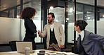 Handshake, meeting and business people with laptop for review, planning and advice. Office, shaking hands and women with man for welcome, b2b budget and collaboration for proposal or negotiation