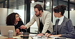 Discussion, feedback and business people on laptop for review, planning and meeting advice. Corporate office, technology and women with man for research, budget and collaboration for report proposal