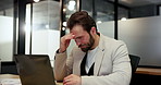 Laptop, typing and business man with headache, stress and burnout with tax audit in office. Computer, migraine and accountant with pain, tired and fatigue in workplace with bookkeeping mistake